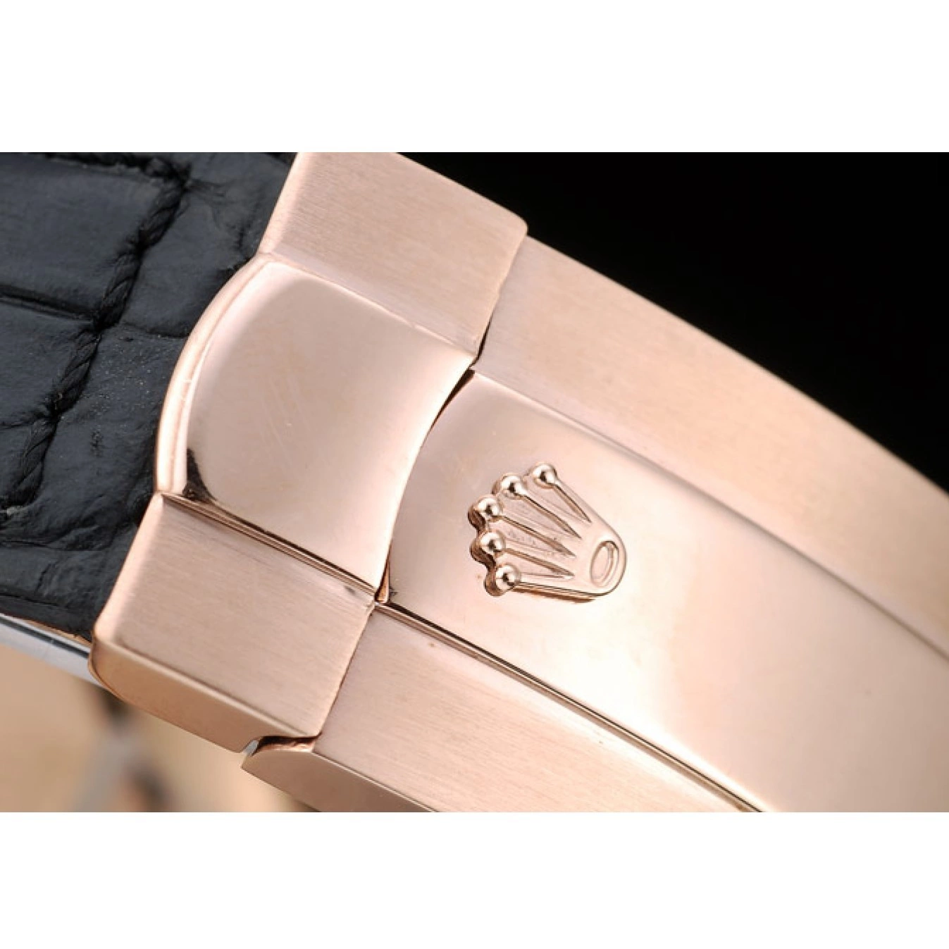Aaa replica Gold Rose Rolex Black Leather Black Case Daytona Dial Strap 0706
